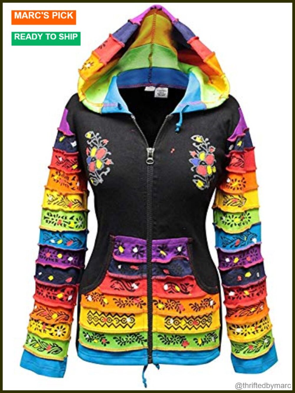 Rainbow Sleeve Flower Patch Hoodie Handmade Cotton Sweatshirt